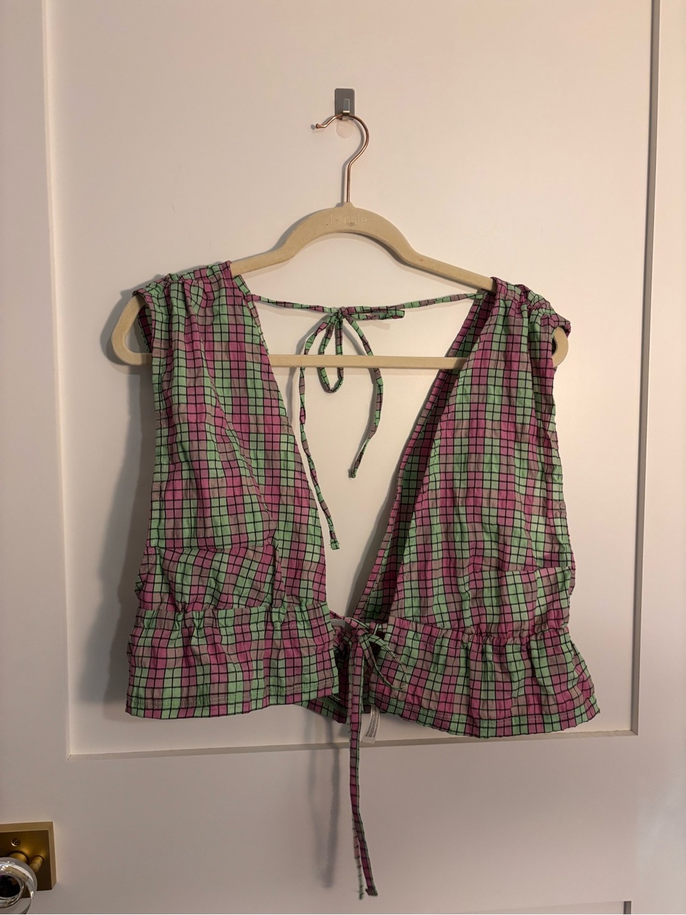 Free People Pink & Green Checkered Tie-Back Matching Set - Picture 2 of 4